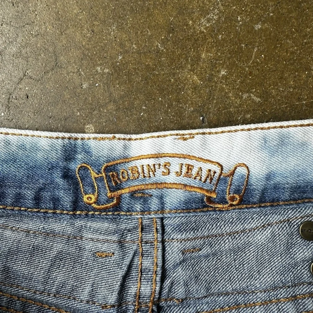 Robin's Jean Shorts Mens 34 Blue Denim Acid Wash Crystal Studded Flap Mortard